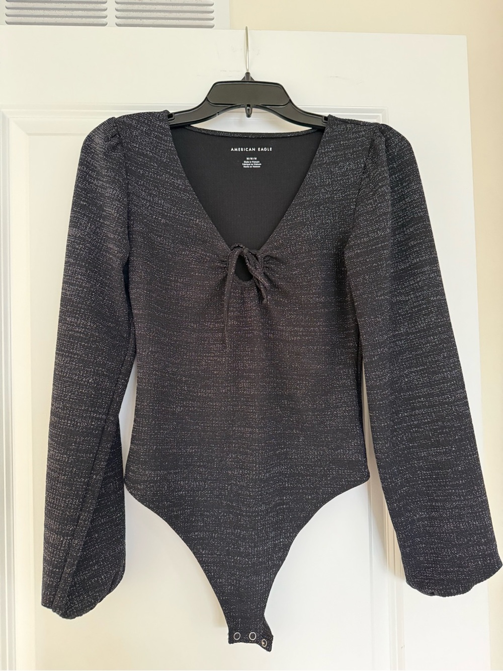 American Eagle Outfitters Black Sparkle Long-Sleeve Tie-Front Bodysuit